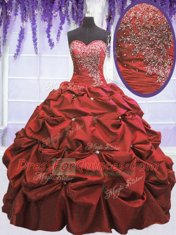 Sweetheart Sleeveless 15th Birthday Dress Floor Length Beading and Pick Ups Coral Red Taffeta