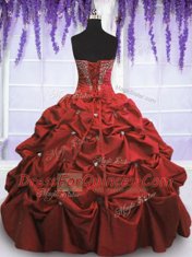 Sweetheart Sleeveless 15th Birthday Dress Floor Length Beading and Pick Ups Coral Red Taffeta