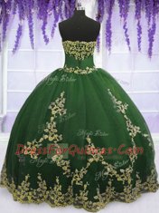 Sleeveless Tulle Floor Length Zipper Vestidos de Quinceanera in Dark Green with Appliques