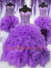 Spectacular Four Piece Sequins Ball Gowns Vestidos de Quinceanera Eggplant Purple Sweetheart Organza Sleeveless Floor Length Lace Up