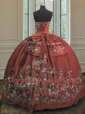 Strapless Sleeveless Quince Ball Gowns Floor Length Embroidery Rust Red Satin