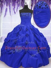 Fashionable Floor Length Lace Up Ball Gown Prom Dress Royal Blue for Military Ball and Sweet 16 and Quinceanera with Embroidery and Pick Ups