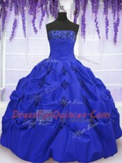 Fashionable Floor Length Lace Up Ball Gown Prom Dress Royal Blue for Military Ball and Sweet 16 and Quinceanera with Embroidery and Pick Ups