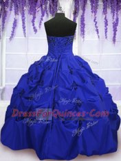Fashionable Floor Length Lace Up Ball Gown Prom Dress Royal Blue for Military Ball and Sweet 16 and Quinceanera with Embroidery and Pick Ups