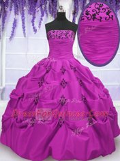 Trendy Fuchsia Strapless Lace Up Embroidery and Pick Ups Quince Ball Gowns Sleeveless