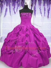 Trendy Fuchsia Strapless Lace Up Embroidery and Pick Ups Quince Ball Gowns Sleeveless