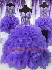 Four Piece Embroidery and Ruffles and Ruffled Layers and Sashes ribbons Quinceanera Dress Lavender Lace Up Sleeveless Floor Length