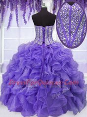 Four Piece Embroidery and Ruffles and Ruffled Layers and Sashes ribbons Quinceanera Dress Lavender Lace Up Sleeveless Floor Length