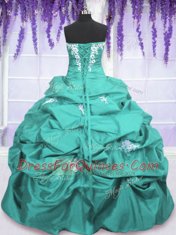 Clearance Taffeta Sleeveless Floor Length Vestidos de Quinceanera and Appliques and Ruching and Pick Ups