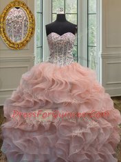 Wonderful Peach Sleeveless Organza Lace Up Sweet 16 Quinceanera Dress for Military Ball and Sweet 16 and Quinceanera
