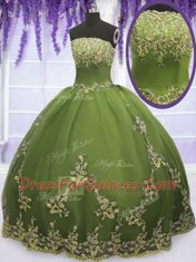 Olive Green Ball Gown Prom Dress Military Ball and Sweet 16 and Quinceanera and For with Appliques Strapless Sleeveless Zipper