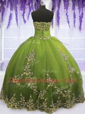 Olive Green Ball Gown Prom Dress Military Ball and Sweet 16 and Quinceanera and For with Appliques Strapless Sleeveless Zipper