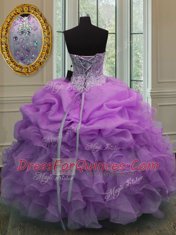 Custom Made Lilac Ball Gowns Beading and Pick Ups Vestidos de Quinceanera Lace Up Organza Sleeveless Floor Length