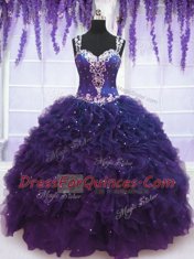 Custom Fit Straps Sleeveless Floor Length Beading and Ruffles Zipper Sweet 16 Dress with Blue