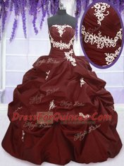 Custom Design Burgundy Strapless Neckline Appliques and Pick Ups Quinceanera Gowns Sleeveless Lace Up