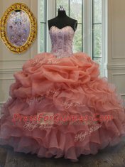 Pick Ups Floor Length Ball Gowns Sleeveless Orange Red Quinceanera Gowns Lace Up