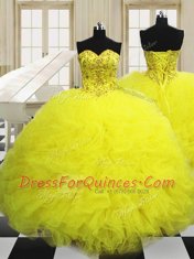 Pretty Light Yellow Quinceanera Dress Military Ball and Sweet 16 and Quinceanera and For with Beading and Ruffles Sweetheart Sleeveless Lace Up