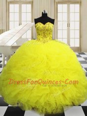 Pretty Light Yellow Quinceanera Dress Military Ball and Sweet 16 and Quinceanera and For with Beading and Ruffles Sweetheart Sleeveless Lace Up