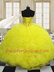 Pretty Light Yellow Quinceanera Dress Military Ball and Sweet 16 and Quinceanera and For with Beading and Ruffles Sweetheart Sleeveless Lace Up