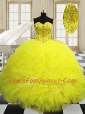 Pretty Light Yellow Quinceanera Dress Military Ball and Sweet 16 and Quinceanera and For with Beading and Ruffles Sweetheart Sleeveless Lace Up