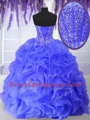 Elegant Blue Organza Lace Up Sweetheart Sleeveless Floor Length Quinceanera Gown Beading and Ruffles