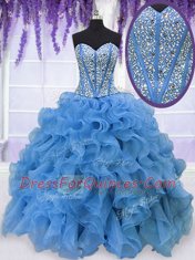 Fashionable Baby Blue Ball Gown Prom Dress Military Ball and Sweet 16 and Quinceanera and For with Beading and Ruffles Sweetheart Sleeveless Lace Up