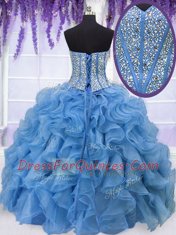 Fashionable Baby Blue Ball Gown Prom Dress Military Ball and Sweet 16 and Quinceanera and For with Beading and Ruffles Sweetheart Sleeveless Lace Up