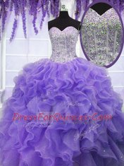 Lavender Ball Gowns Sweetheart Sleeveless Organza Floor Length Lace Up Ruffles and Sequins Vestidos de Quinceanera