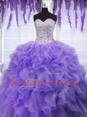 Lavender Ball Gowns Sweetheart Sleeveless Organza Floor Length Lace Up Ruffles and Sequins Vestidos de Quinceanera