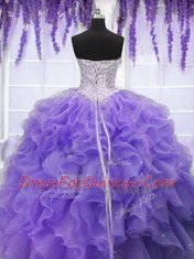 Lavender Ball Gowns Sweetheart Sleeveless Organza Floor Length Lace Up Ruffles and Sequins Vestidos de Quinceanera