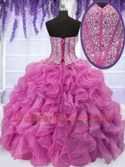 Hot Pink Lace Up Sweet 16 Dresses Beading and Ruffles Sleeveless Floor Length