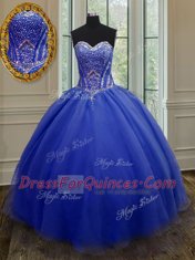Pretty Royal Blue Sleeveless Organza Lace Up Sweet 16 Quinceanera Dress for Military Ball and Sweet 16 and Quinceanera