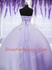 Fitting Lavender Sleeveless Tulle Lace Up Quince Ball Gowns for Military Ball and Sweet 16 and Quinceanera