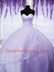 Fitting Lavender Sleeveless Tulle Lace Up Quince Ball Gowns for Military Ball and Sweet 16 and Quinceanera