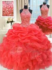 Fashion Three Piece Organza Sleeveless Floor Length Quinceanera Gown and Beading and Pick Ups