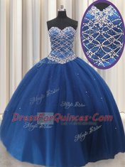 Deluxe Sequins Floor Length Royal Blue Sweet 16 Quinceanera Dress Sweetheart Sleeveless Lace Up