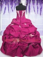 Fuchsia Lace Up Quinceanera Gown Appliques and Ruching and Pick Ups Sleeveless Floor Length