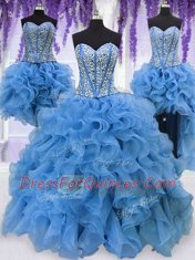 Great Four Piece Sequins Sweetheart Sleeveless Lace Up Ball Gown Prom Dress Blue Organza