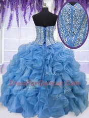 Great Four Piece Sequins Sweetheart Sleeveless Lace Up Ball Gown Prom Dress Blue Organza