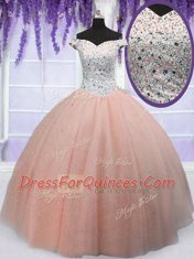 Off the Shoulder Tulle Short Sleeves Floor Length Quince Ball Gowns and Beading
