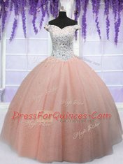 Off the Shoulder Tulle Short Sleeves Floor Length Quince Ball Gowns and Beading