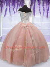Off the Shoulder Tulle Short Sleeves Floor Length Quince Ball Gowns and Beading