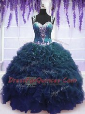 Hot Sale Straps Navy Blue Sleeveless Beading and Ruffles Floor Length Quince Ball Gowns