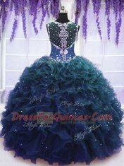 Hot Sale Straps Navy Blue Sleeveless Beading and Ruffles Floor Length Quince Ball Gowns