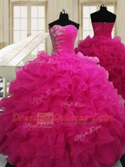 Amazing Hot Pink Sleeveless Organza Zipper 15 Quinceanera Dress for Military Ball and Sweet 16 and Quinceanera