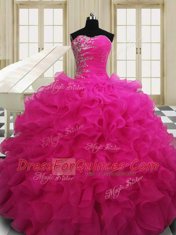 Amazing Hot Pink Sleeveless Organza Zipper 15 Quinceanera Dress for Military Ball and Sweet 16 and Quinceanera