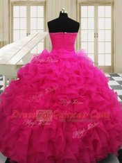 Amazing Hot Pink Sleeveless Organza Zipper 15 Quinceanera Dress for Military Ball and Sweet 16 and Quinceanera