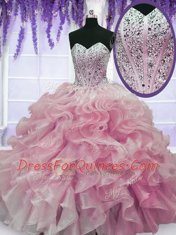 Organza Sweetheart Sleeveless Lace Up Beading and Ruffles 15th Birthday Dress in Rose Pink
