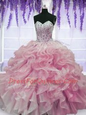 Organza Sweetheart Sleeveless Lace Up Beading and Ruffles 15th Birthday Dress in Rose Pink