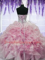 Organza Sweetheart Sleeveless Lace Up Beading and Ruffles 15th Birthday Dress in Rose Pink